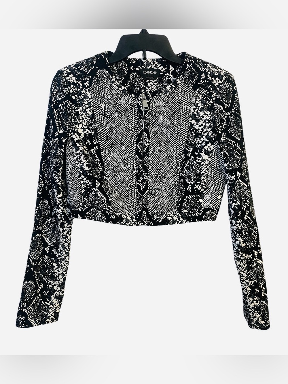 bebe Black & White Snake Animal Print Cropped Full Zip Lined Jacket Women’s 4